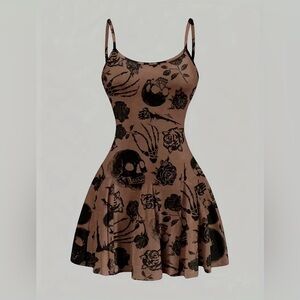 Brown Skull and Rose Print Dress
